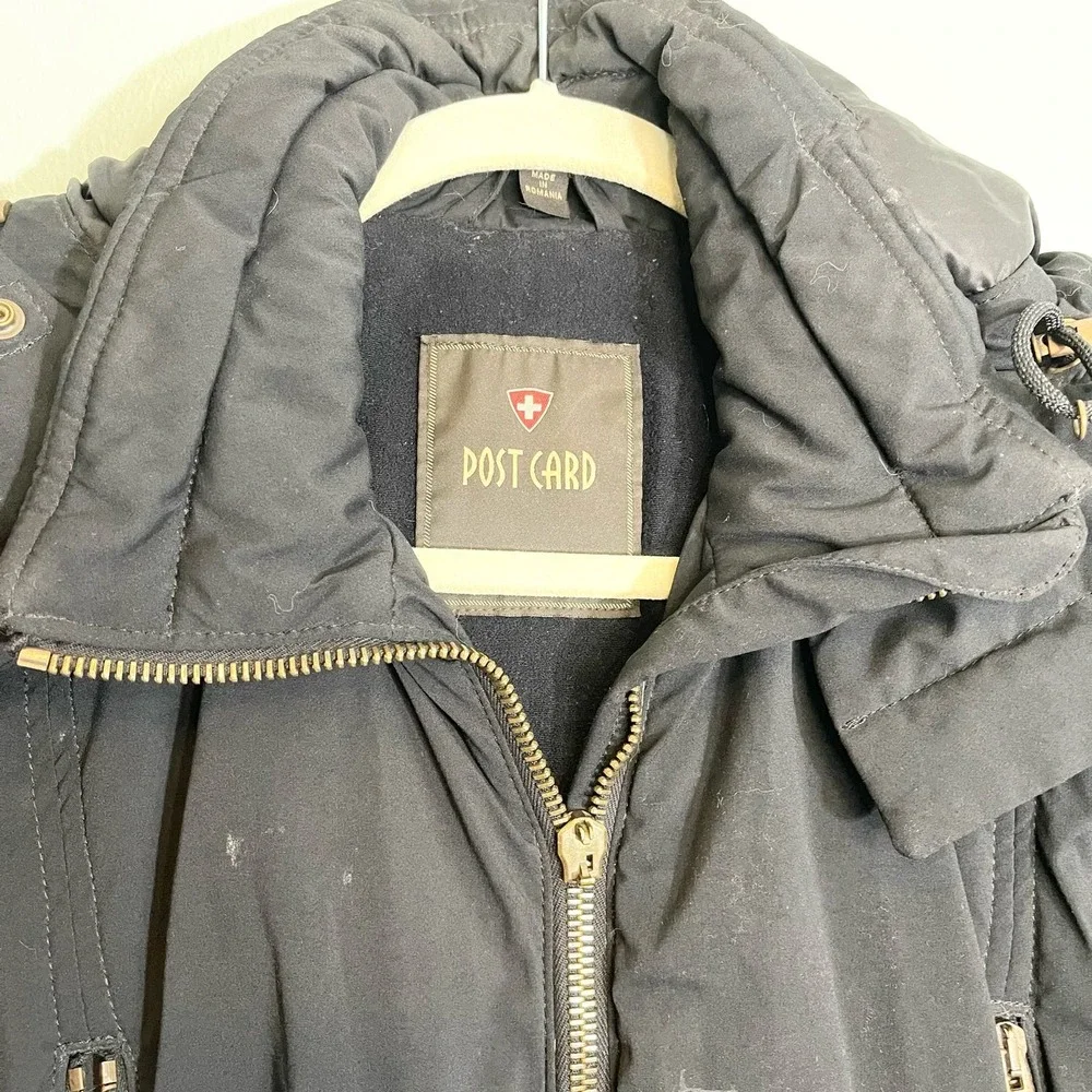Post Card black Hooded Coat Italian Double Zipper Puffer Jacket Size 4 - Picture 14 of 16